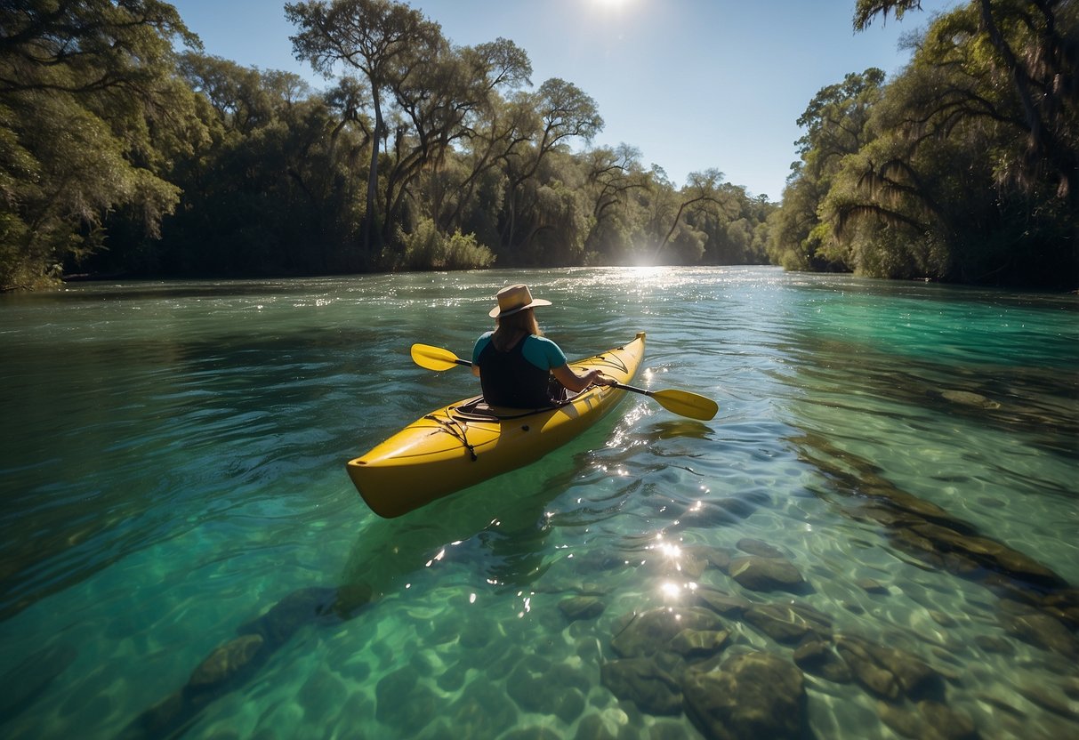 Crystal clear water flows gently through lush greenery along Weeki Wachee River, with kayakers peacefully paddling under the warm sun