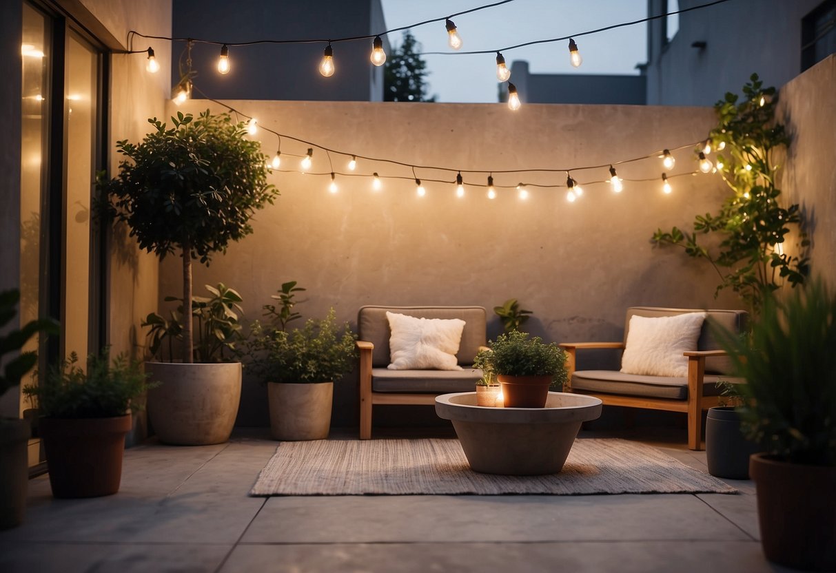 Concrete Patio Ideas On A Budget: A small concrete patio with potted plants, string lights, and cozy seating. A budget-friendly design with minimalistic decor