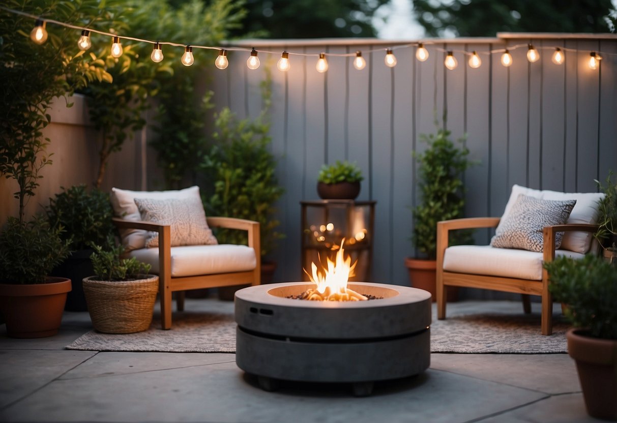 Concrete Patio Ideas On A Budget: A cozy outdoor space with a simple concrete patio, surrounded by budget-friendly furniture and potted plants. The patio is accented with string lights and a small fire pit for evening gatherings