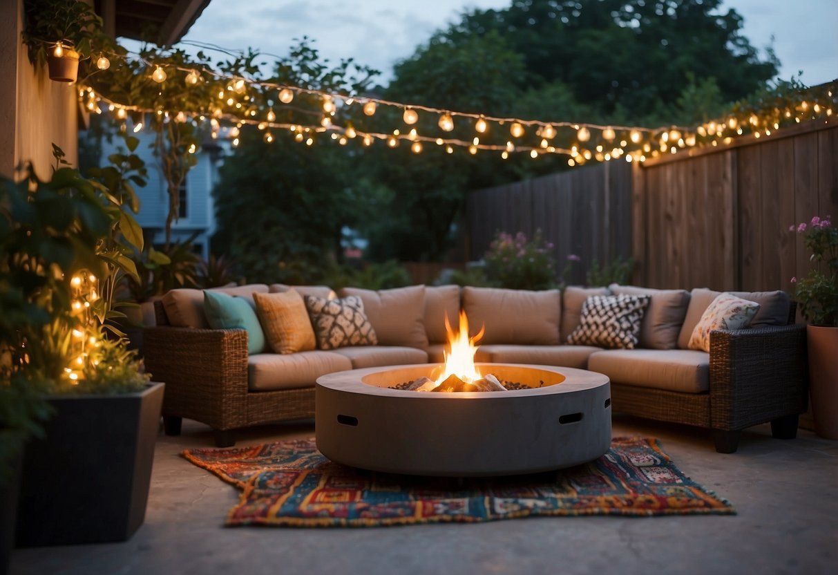 Concrete Patio Ideas On A Budget: A cozy, budget-friendly concrete patio with potted plants, string lights, and colorful outdoor rugs. A small fire pit surrounded by comfortable seating completes the inviting space