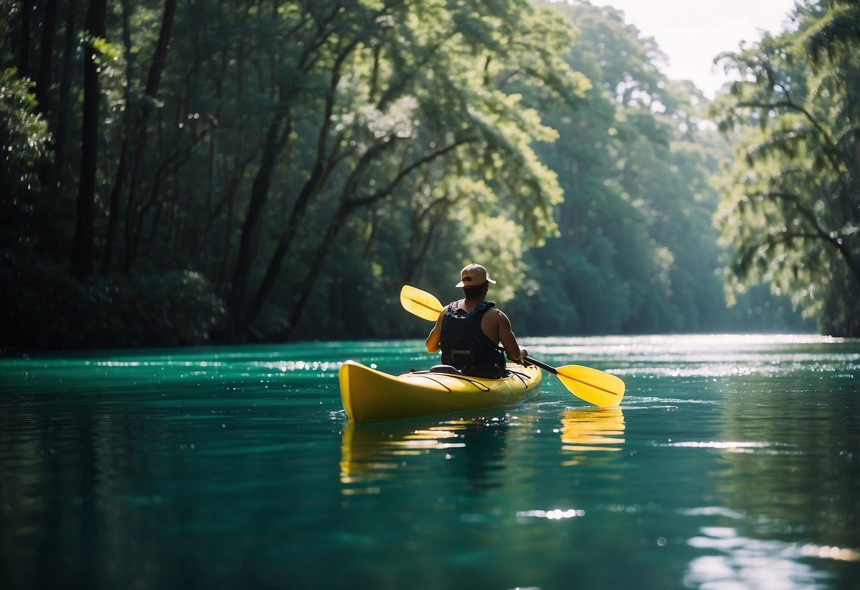 Kayaking down Ichetucknee River, surrounded by lush greenery and crystal-clear water