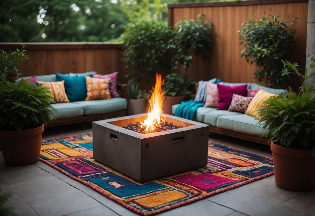 Concrete Patio Ideas On A Budget: A small concrete patio with potted plants, string lights, and colorful outdoor rugs. A DIY fire pit and cozy seating area complete the low-cost enhancements