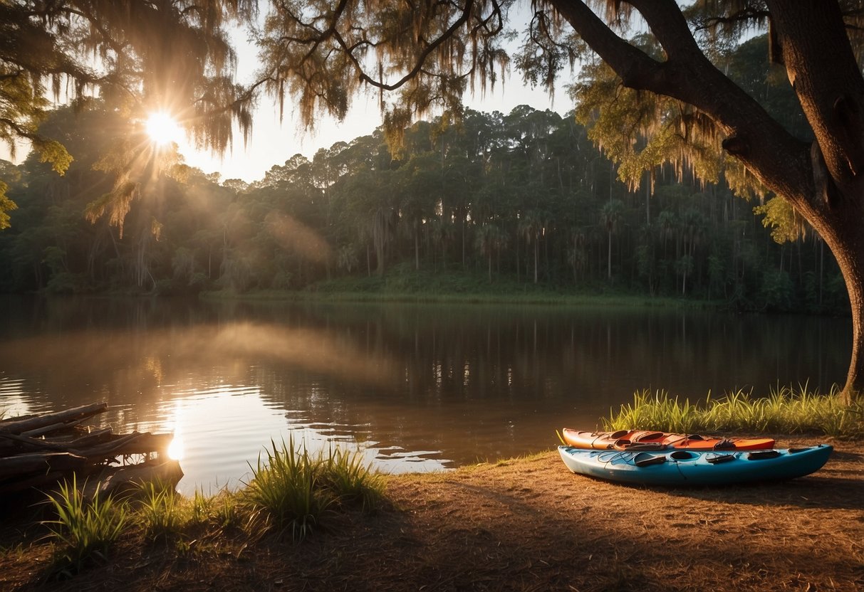 A tent pitched on a grassy riverbank, with kayaks nearby. The sun sets over the Ichetucknee River, casting a warm glow on the peaceful scene