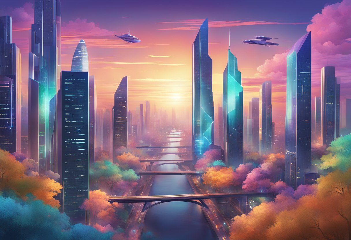 A futuristic cityscape with sleek, towering buildings under a vibrant, technologically advanced sky