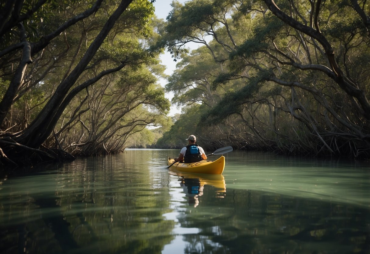 A kayak glides through calm waters of Indian River Lagoon, surrounded by lush mangroves and diverse bird species