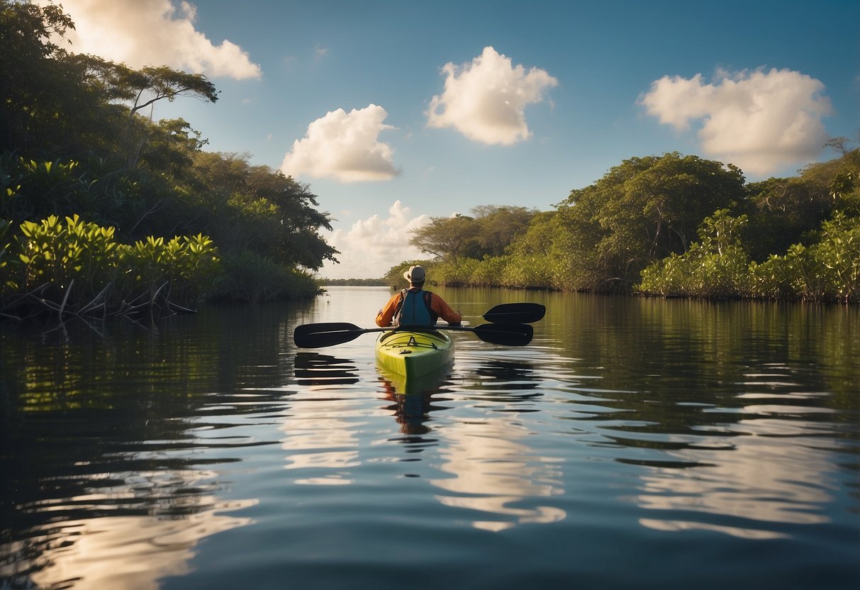 A kayaker paddles through calm waters of Indian River Lagoon, surrounded by lush mangroves and diverse wildlife