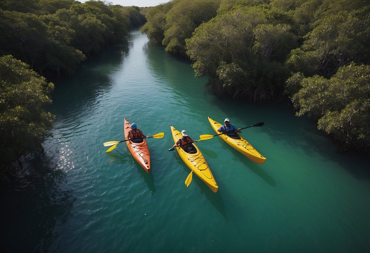 Kayaks glide through calm waters of Indian River Lagoon, surrounded by lush mangroves and diverse wildlife