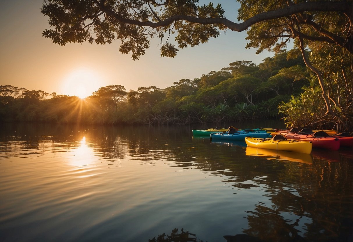 Kayaks glide on calm waters, surrounded by lush mangroves and diverse wildlife. The sun sets, casting a warm glow over the tranquil Indian River Lagoon