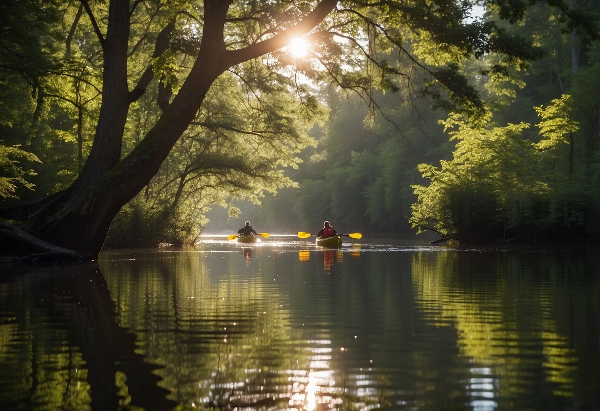 Kayakers paddle down Blackwater River, surrounded by lush greenery and overhanging trees. The sun glistens off the calm water, creating a serene and peaceful atmosphere