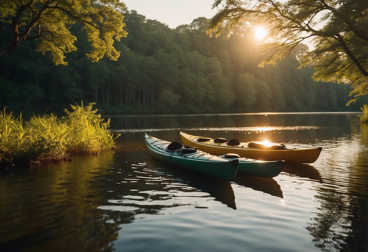 A serene river winds through lush greenery, with kayaks gliding peacefully on the water under the warm glow of the sun