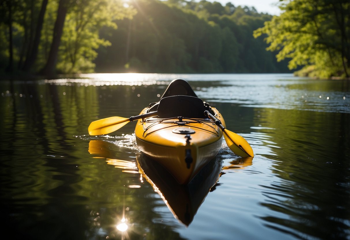 A kayak floats down Blackwater River, surrounded by lush green trees and calm waters, with the sun casting a warm glow on the scene