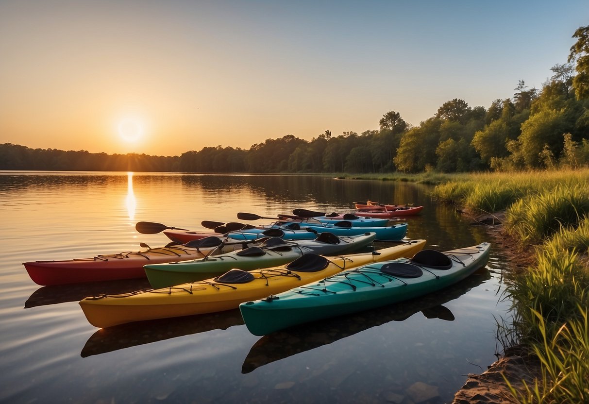 Sunset over calm river, kayaks on shore, lush greenery, birds in flight, serene atmosphere