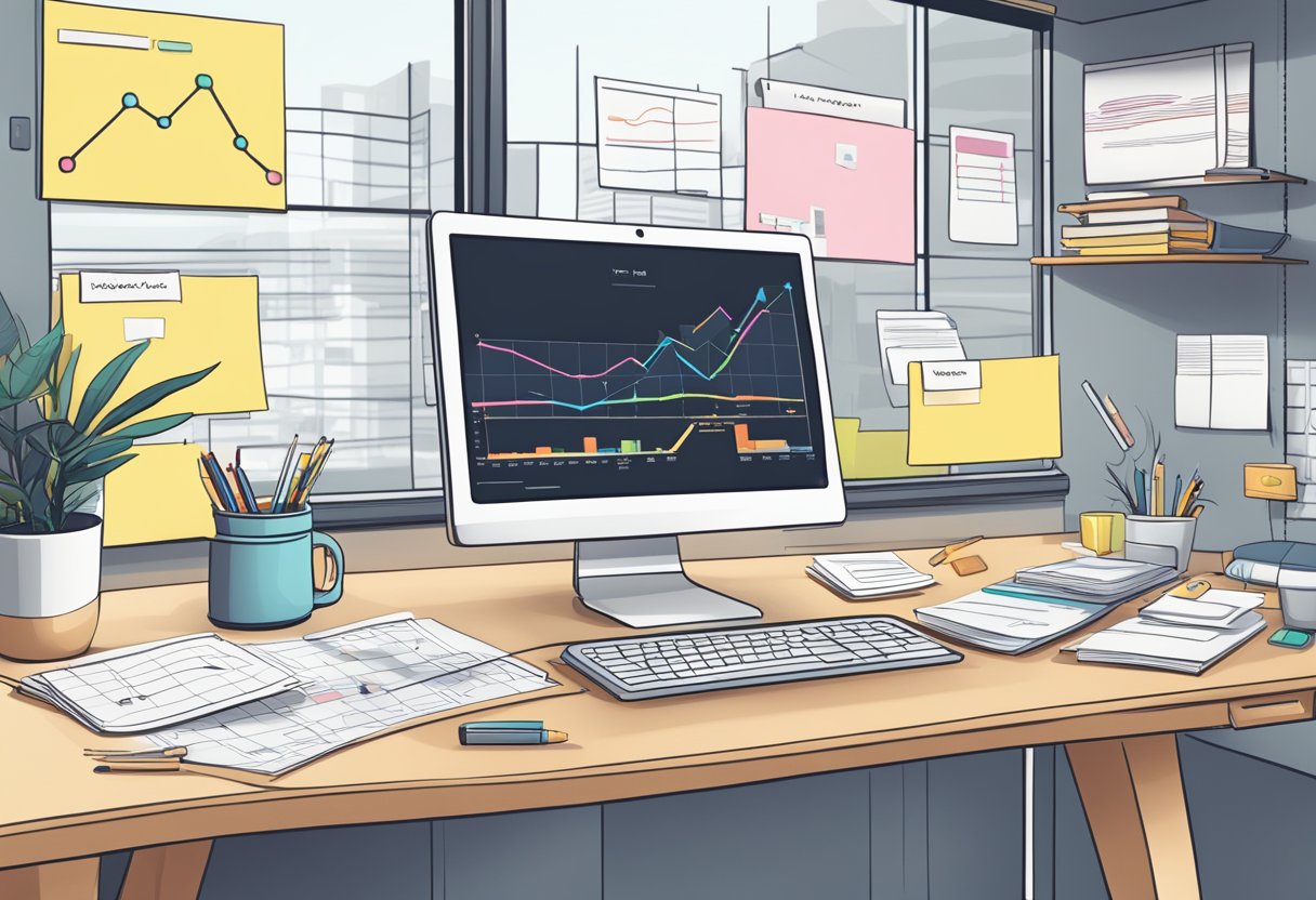 A desk with a laptop open to AI sales tools. Post-it notes with company names. Charts and graphs on the wall