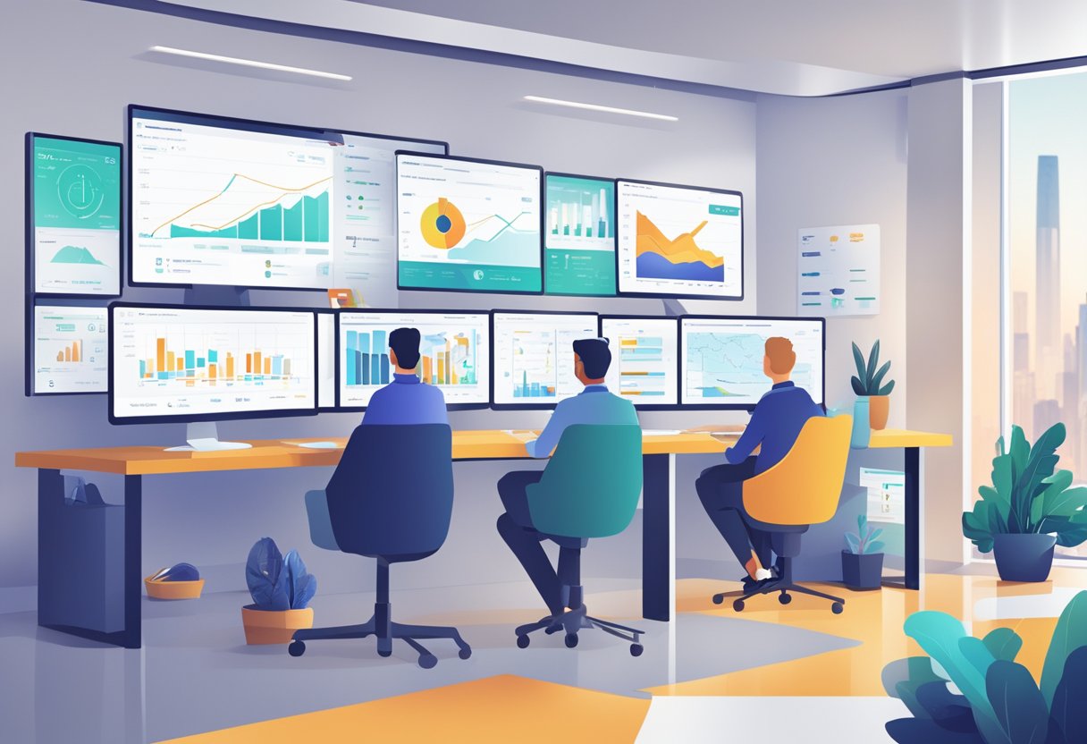 A bustling sales office with AI-powered analytics on screens, guiding sales reps in real-time. Managers monitor data dashboards for insights