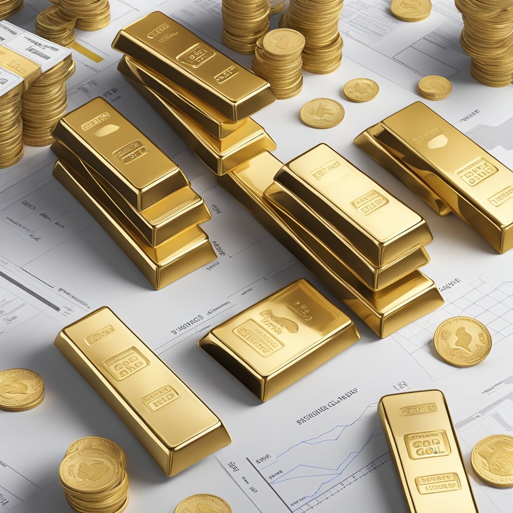 A stack of gold bars and coins arranged with Birch Gold Group branding, surrounded by investment strategy documents