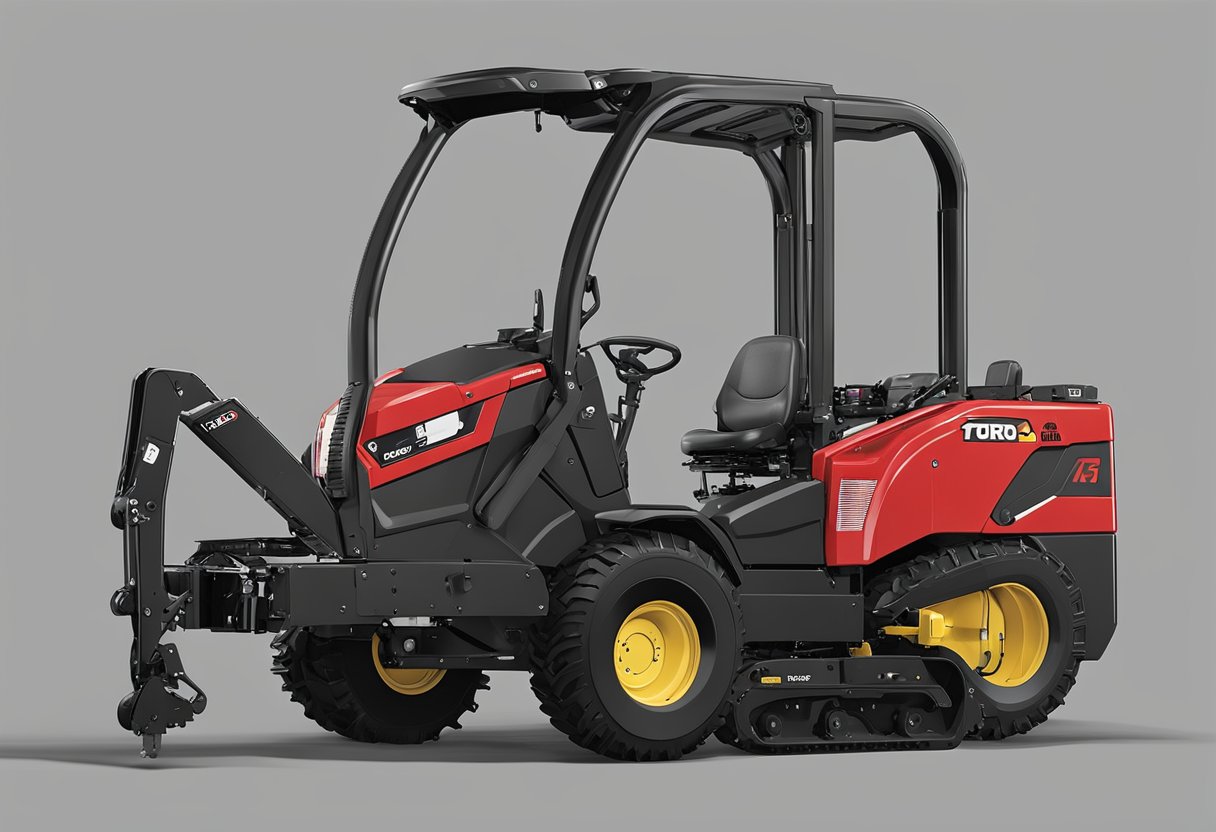 The Toro Dingo TX427 is being customized with attachments, including a trencher and auger, in a workshop setting