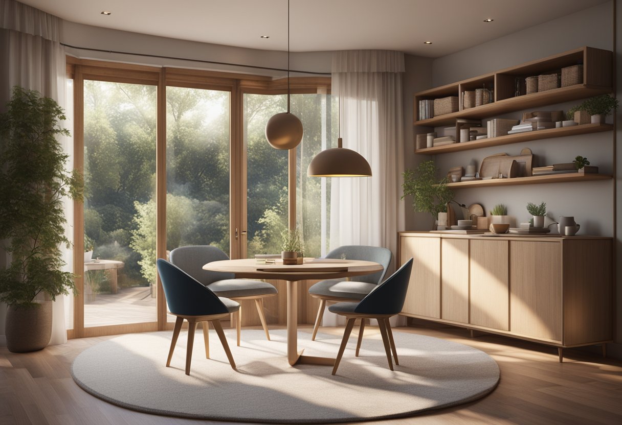 A cozy nook with a round, foldable dining table, surrounded by two cushioned chairs. Shelves on the wall hold decorative items, and a window lets in natural light