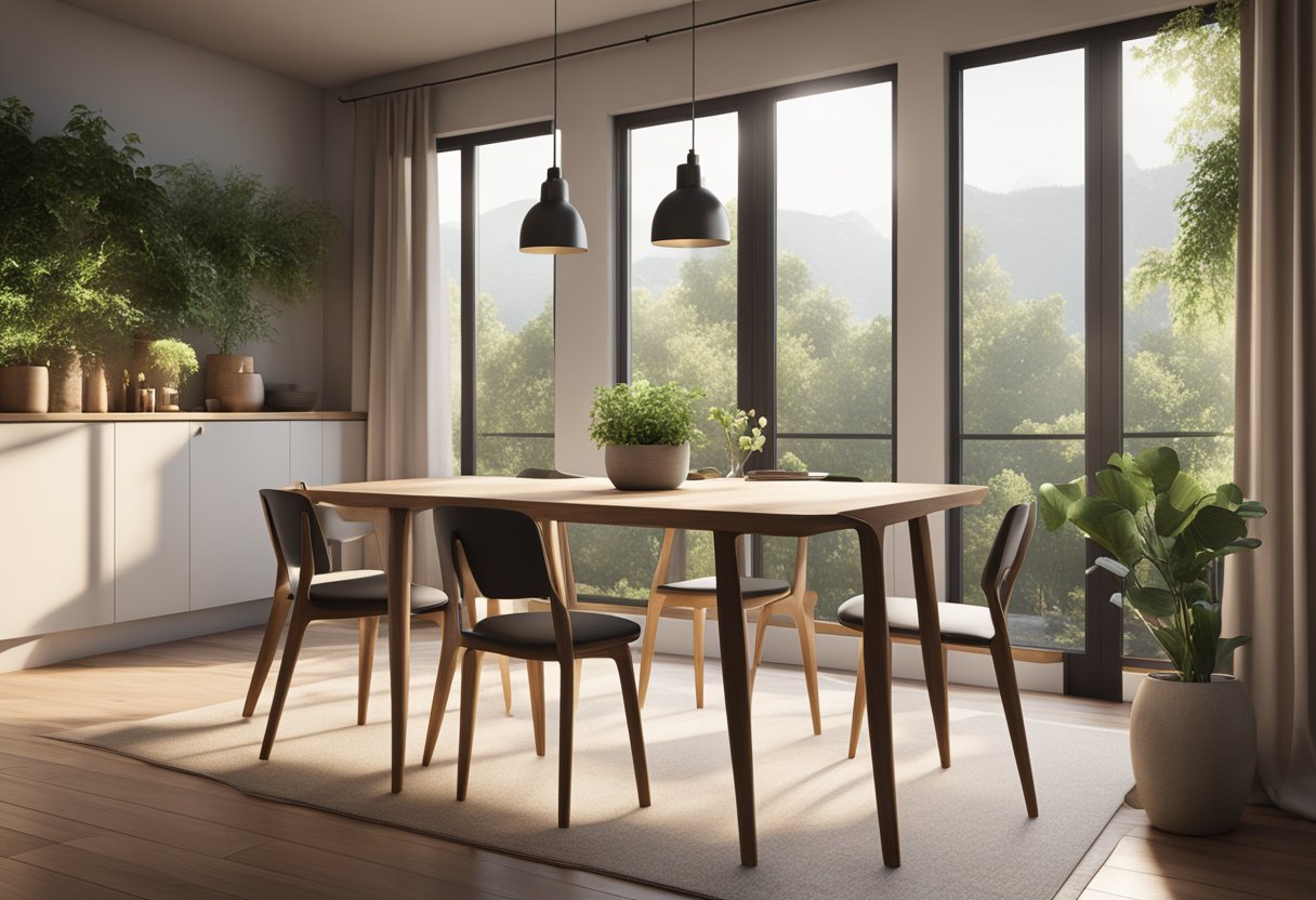 A cozy dining nook with a small, stylish table and chairs, positioned near a sunlit window with a view of greenery