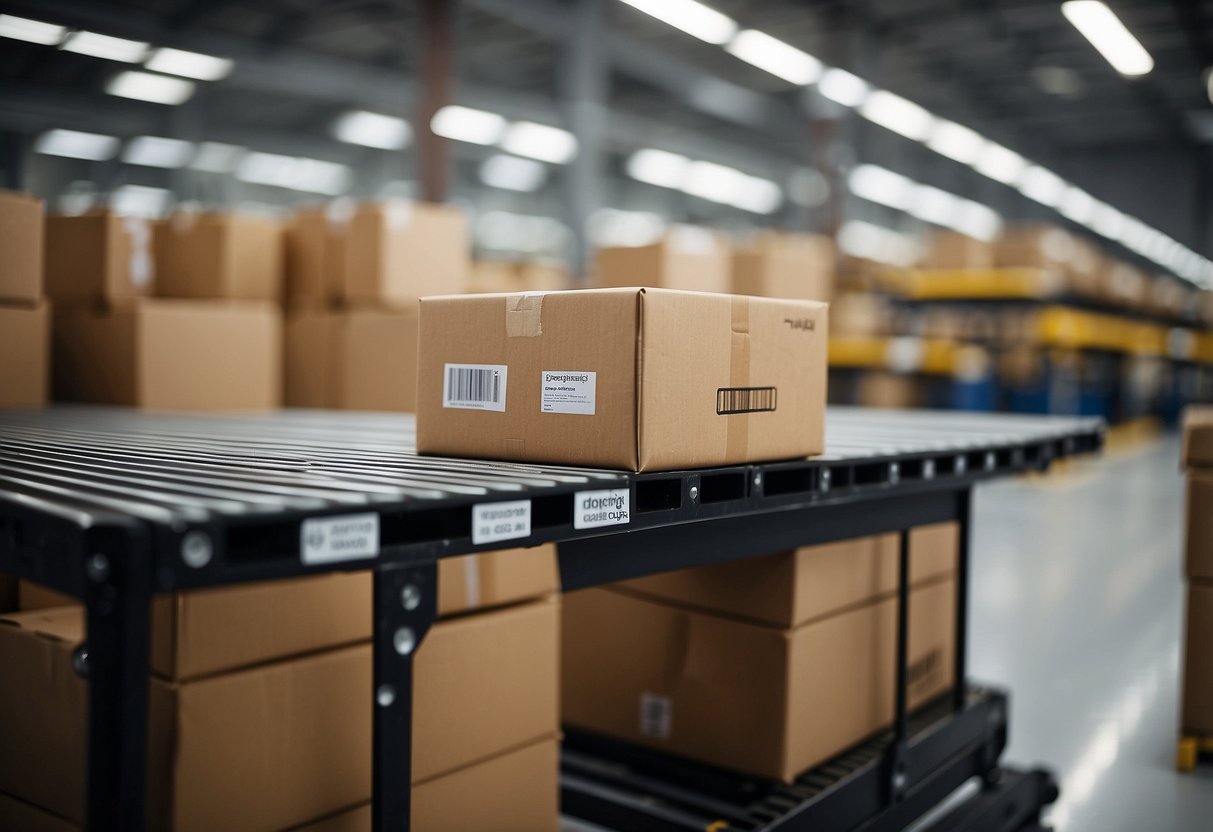 A package labeled "dropshipping" sits on a conveyor belt in a bustling e-commerce warehouse. Boxes and products line the shelves, ready for shipment