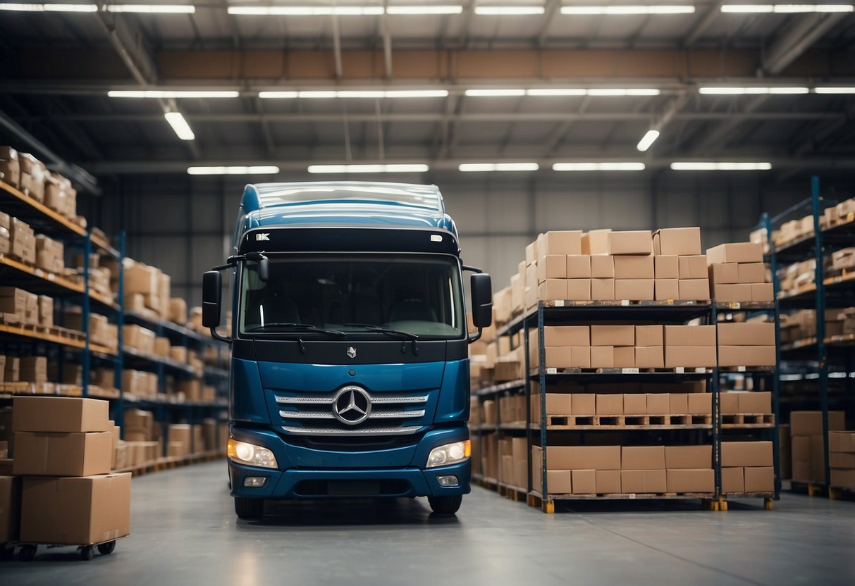 A warehouse with shelves of products, a computer for order management, and a delivery truck outside for dropshipping