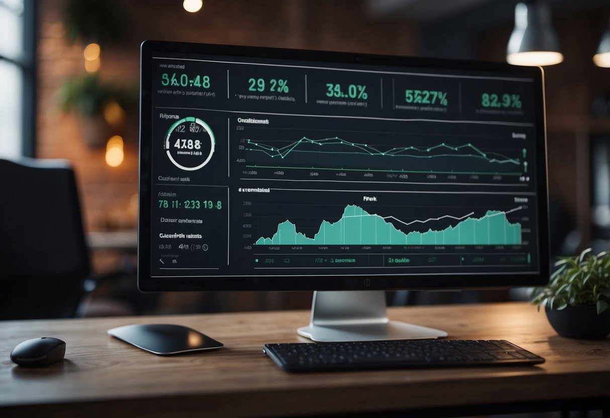 A computer screen displays analytics for dropshipping e-commerce performance. Graphs and charts show sales, traffic, and customer behavior