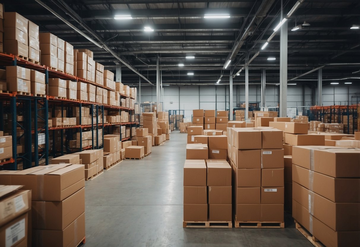 A modern e-commerce warehouse filled with innovative dropshipping products and trends