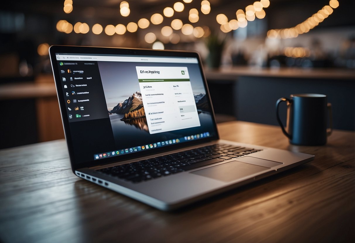 A laptop displaying a dropshipping e-commerce website with products, a shipping box, and a happy customer review