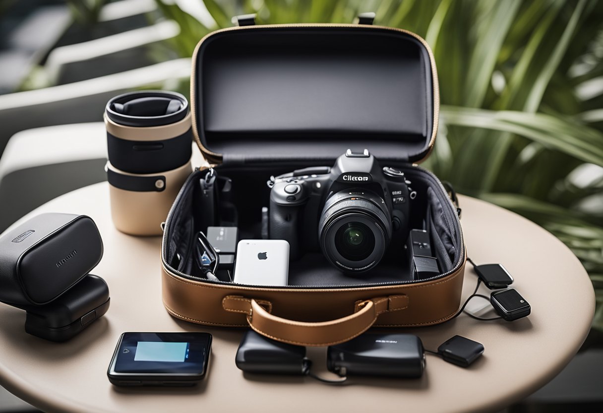 A suitcase open with neatly packed travel gadgets, including a neck pillow, portable charger, and travel adapter