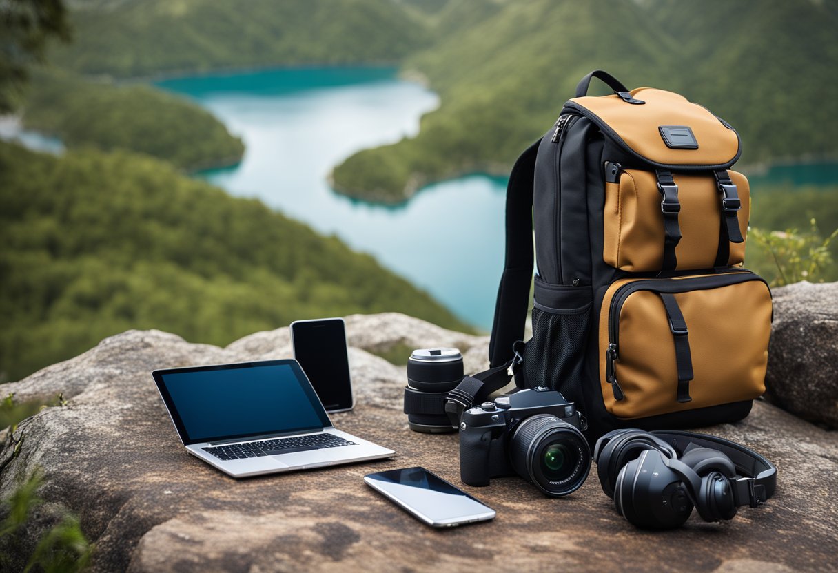 A traveler's backpack with a laptop, tablet, headphones, and camera. A smartphone and portable charger sit on top. The background shows a scenic landscape