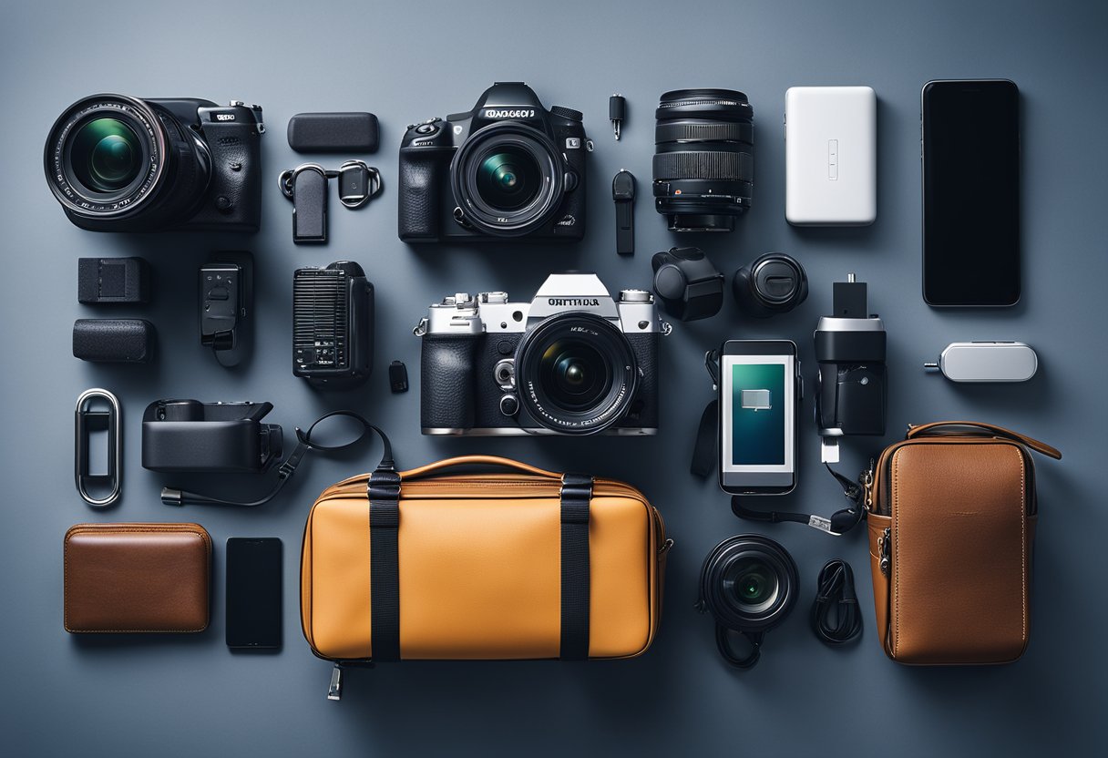 Travel accessories arranged around electronic gadgets on a table. Items include travel locks, waterproof cases, and portable chargers