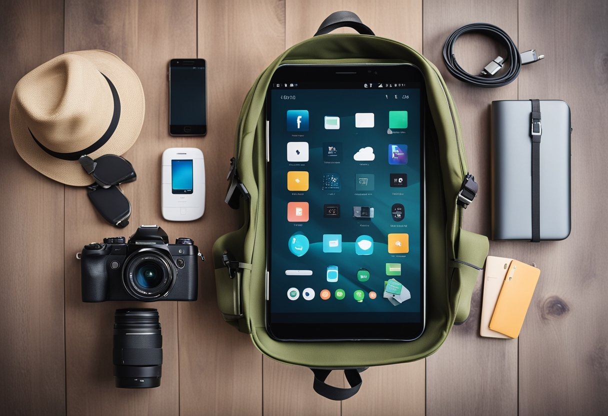 A traveler's backpack open, revealing useful gadgets and travel apps. Maps, chargers, and a smartphone are neatly organized inside