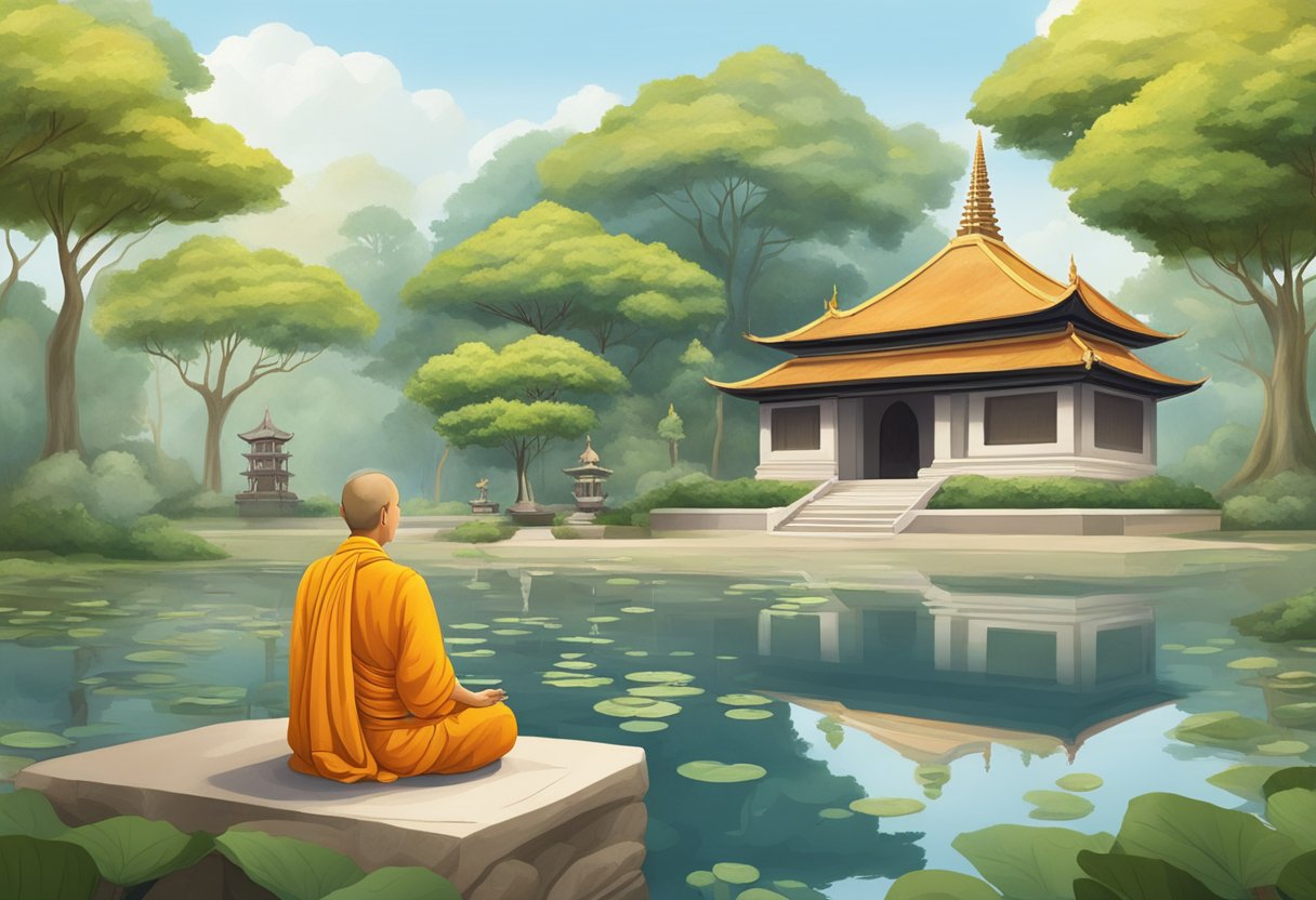 A serene temple garden with a Bodhi tree, a lotus pond, and a peaceful monk meditating