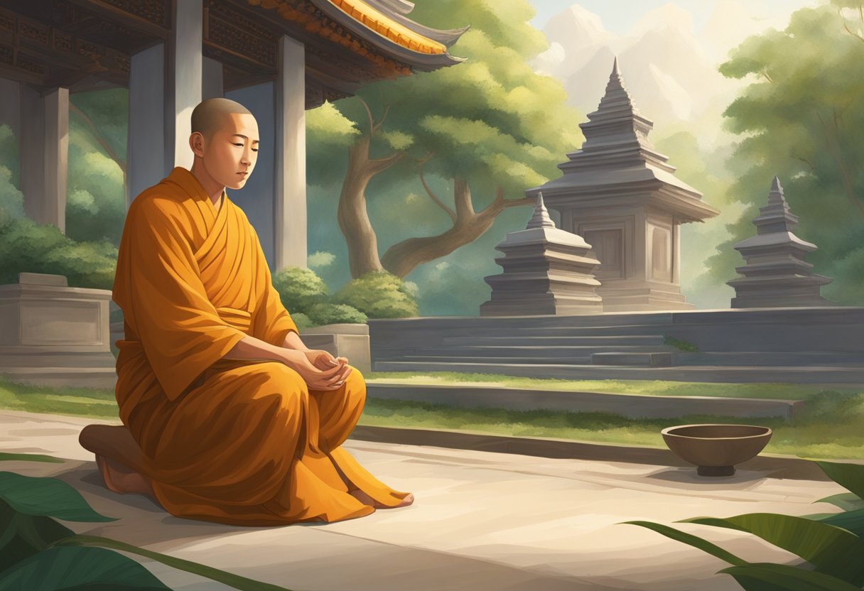 A young monk kneels in front of a revered elder, receiving his blessings. The setting is a tranquil temple courtyard, with lush greenery and a serene atmosphere