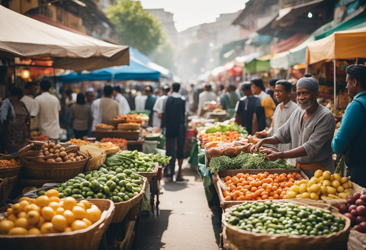 A bustling street market with colorful stalls and vendors selling local foods and produce. Customers sample and purchase various dishes while soaking in the vibrant atmosphere