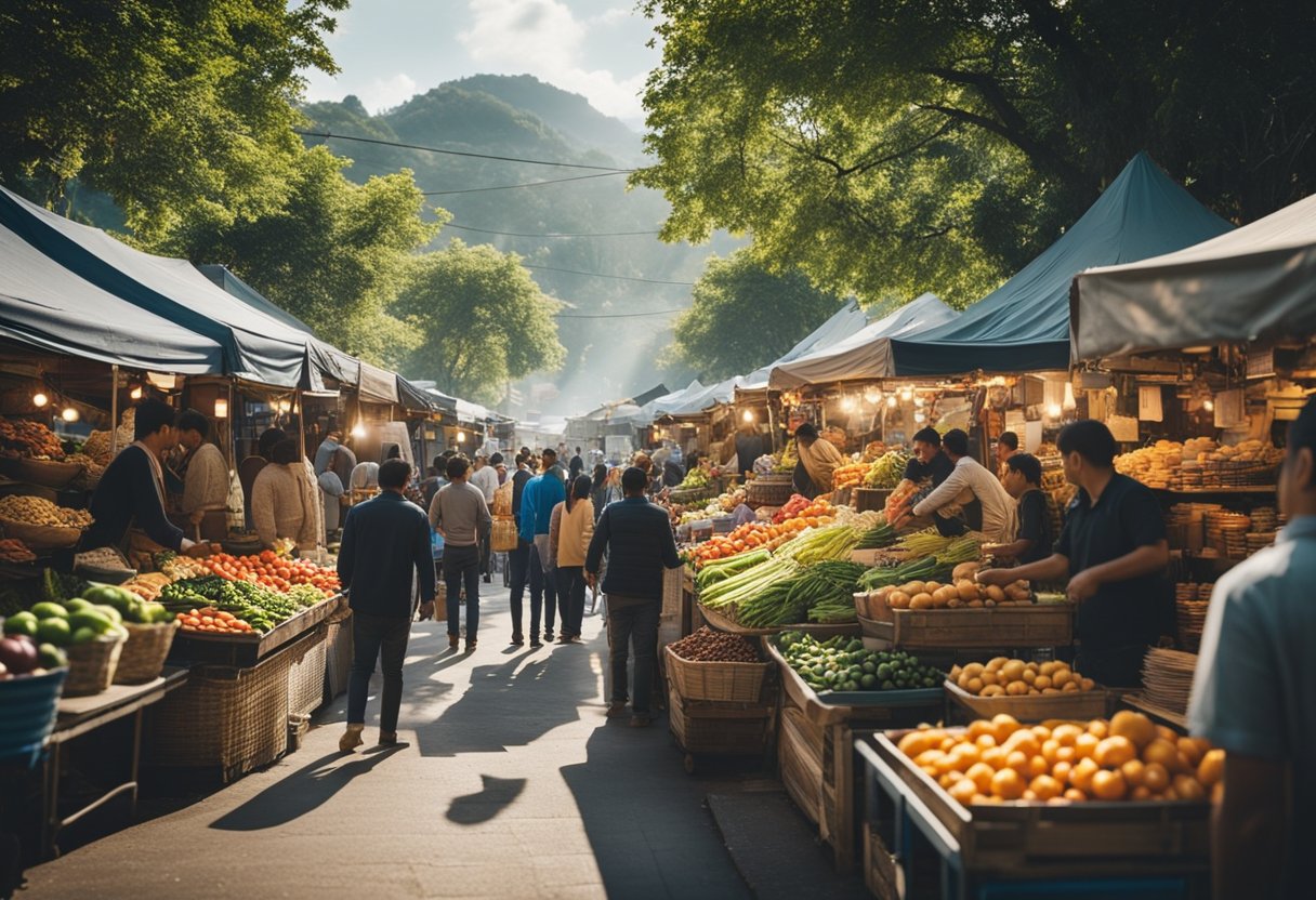 A bustling street market with colorful stalls selling local foods and produce, surrounded by eager customers and vibrant energy