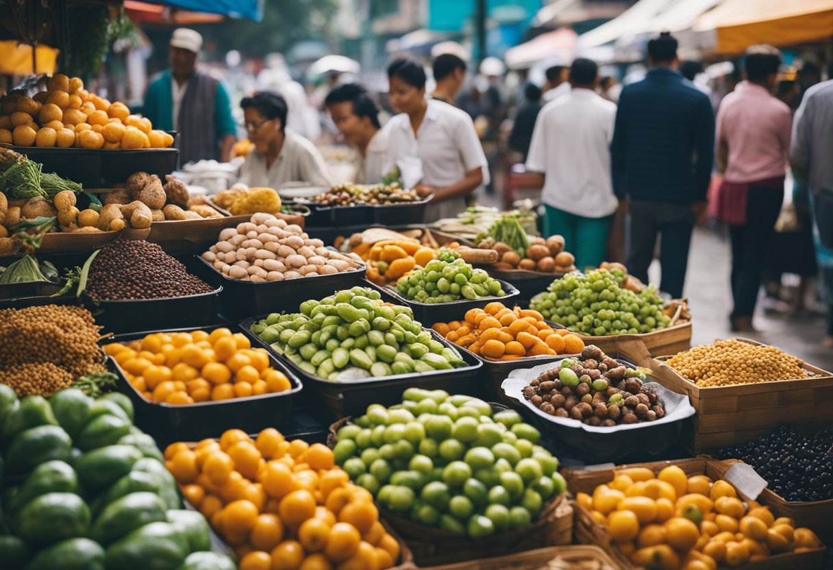 Vibrant street market with colorful stalls selling local foods. Customers sample diverse dishes while vendors call out their specialties