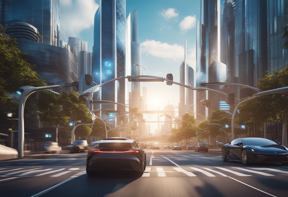 A car driving on a futuristic city street, surrounded by smart traffic lights and communication towers, showcasing the impact of 5G technology on vehicles