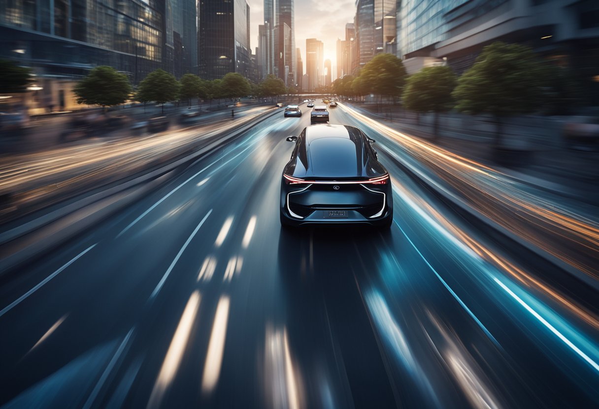 A sleek car zooms down a futuristic city street, seamlessly connected to the 5G network. The vehicle effortlessly navigates traffic and communicates with other smart cars, showcasing the transformative impact of 5G technology in the automotive sector