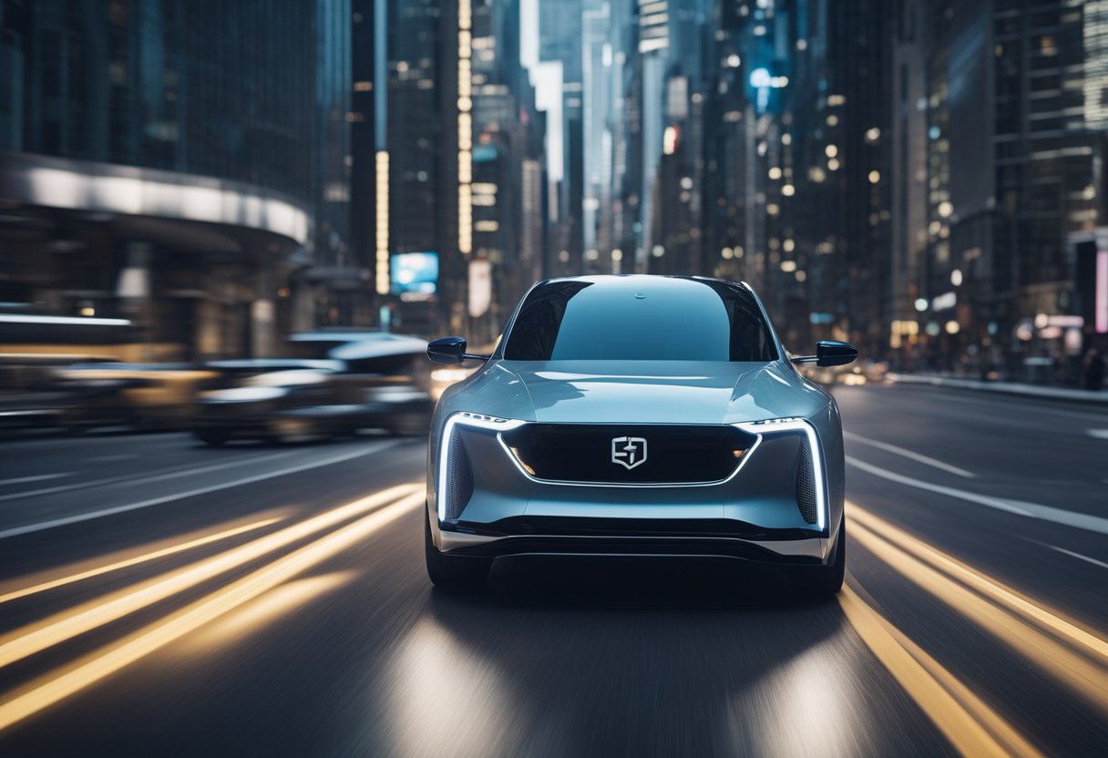 A sleek, futuristic car zooms down a city street, seamlessly connected to the 5G network, with data streaming in real-time to enhance safety and navigation