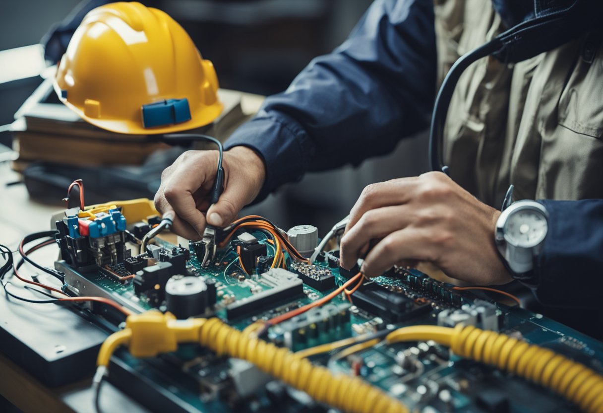 A person wearing safety gear repairs electrical wiring in a home using a guidebook
