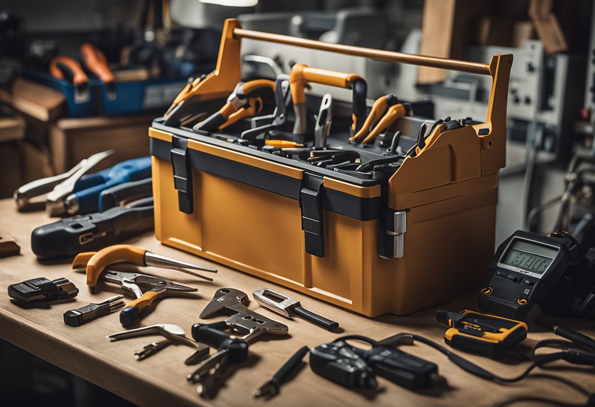 A toolbox open on a workbench, with various electrical tools and supplies scattered around. A manual titled "Basic Tools for Amateur Electricians: Basic Guide for Electrical Repairs at Home" sits next to the toolbox