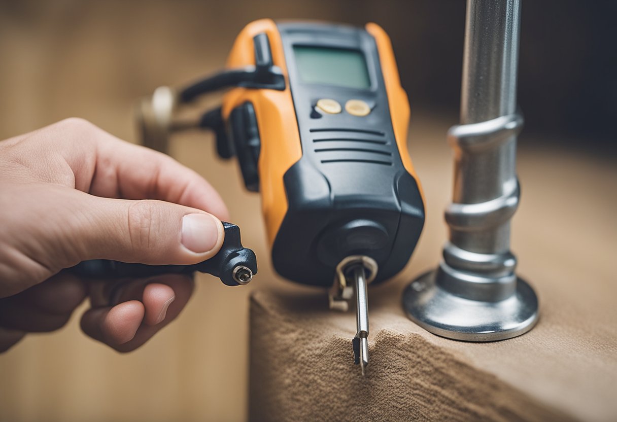 A hand holding a screwdriver tightening a loose electrical outlet on a wall. A book titled "Basic Guide for Home Electrical Repairs" lies open nearby