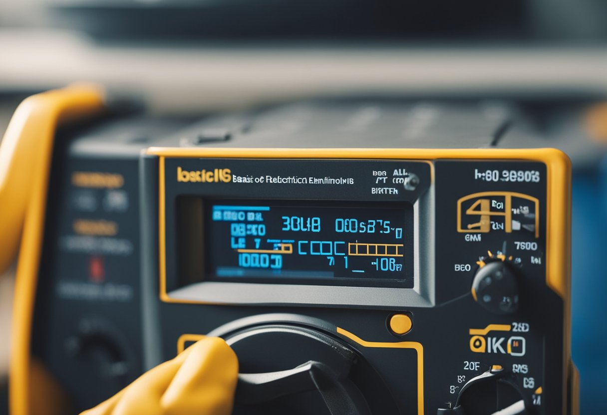 A person holding a "Basic Guide for Home Electrical Repairs" and testing electrical connections with a multimeter