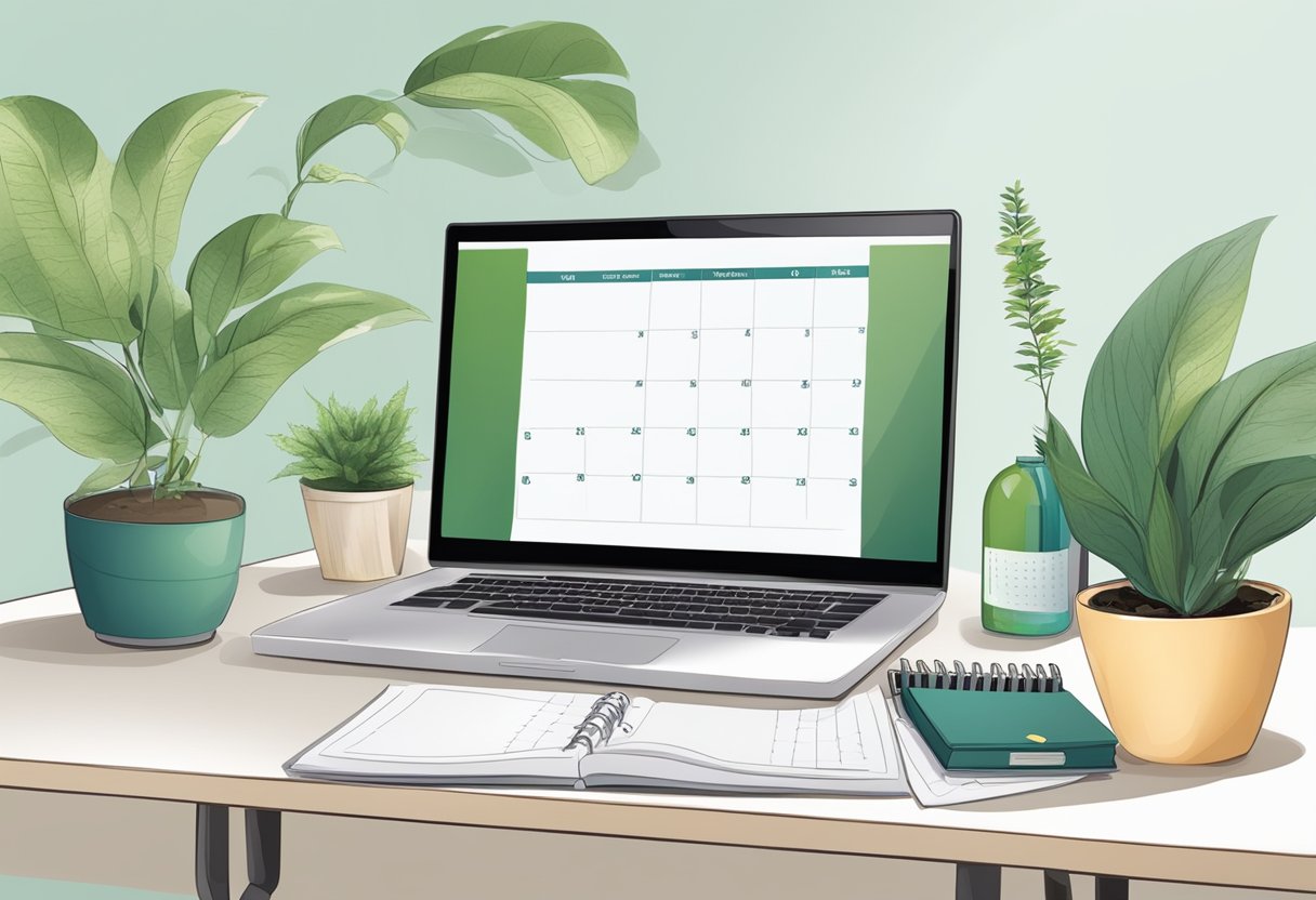 A tidy desk with a daily planner, water bottle, and a plant. A clock shows a regular routine