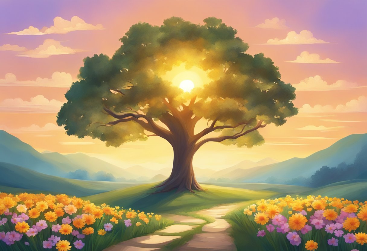 A bright sun rises over a serene landscape. A tree stands tall and healthy, surrounded by vibrant flowers. A clear path leads to a distant horizon, symbolizing the importance of good habits