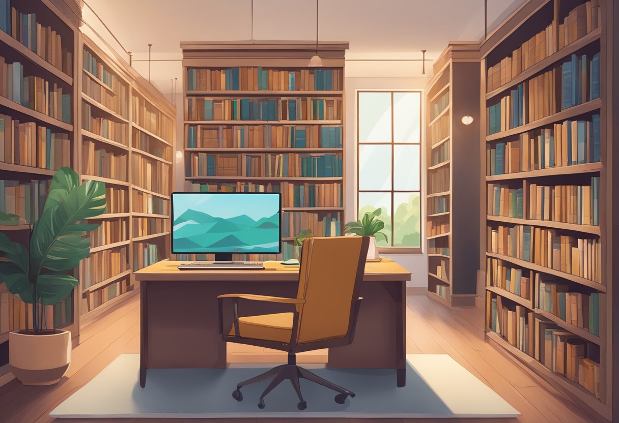 A serene library with shelves of books, a cozy reading nook, and a desk with a laptop displaying successful case studies