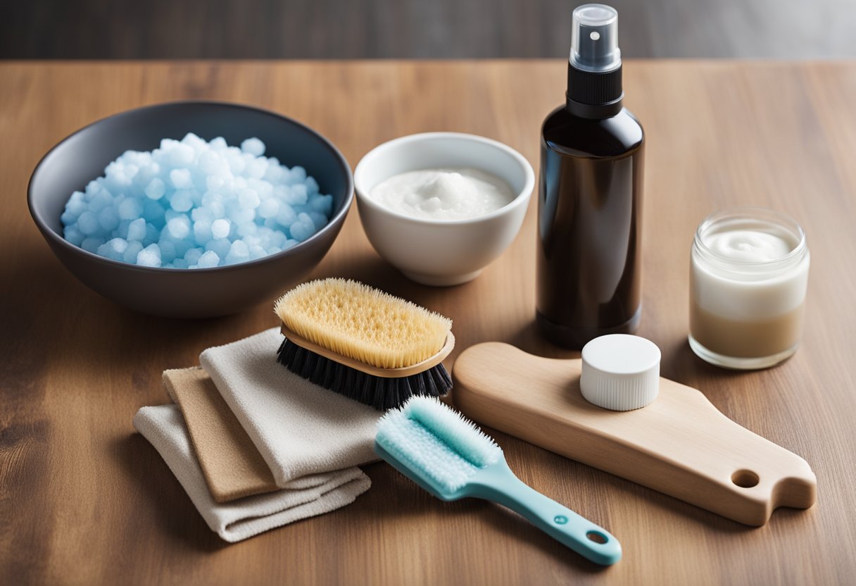 A table with various stain removal products and tools laid out, including detergent, stain remover spray, a scrub brush, and a bowl of water