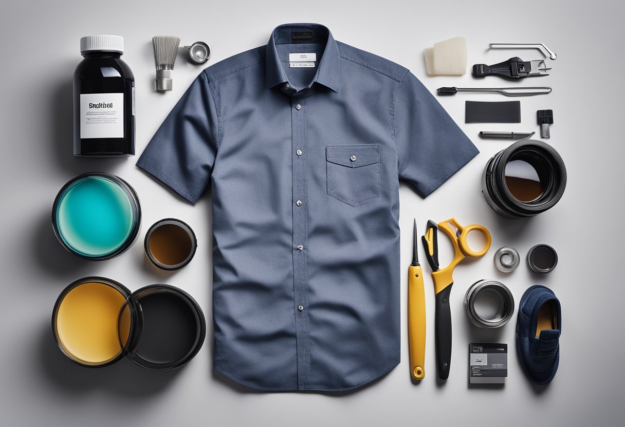 A stained shirt with specific stain removal products and tools laid out on a clean, flat surface