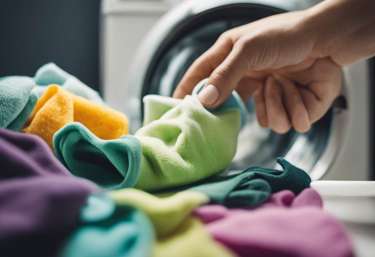A hand holding a stained garment, applying stain remover and scrubbing with a brush. A washing machine and laundry detergent in the background
