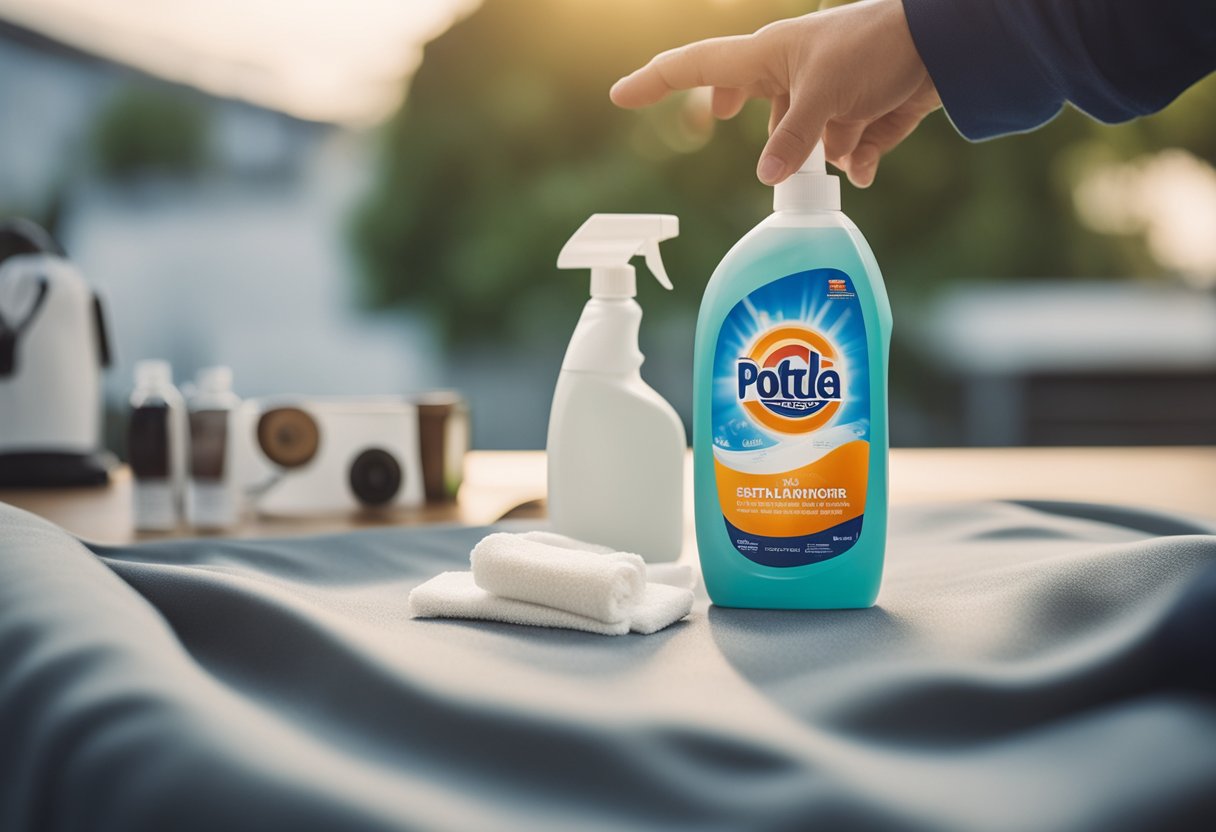 A hand holding a soiled garment, with a bottle of environmentally friendly stain remover and a gentle detergent nearby